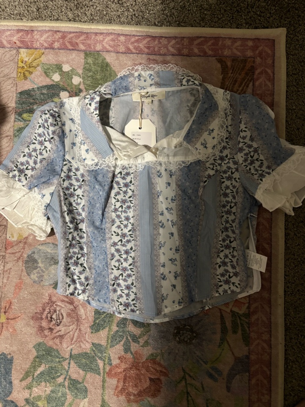 Blue Floral Patchwork Lace-Trim Blouse